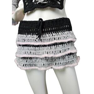 Handmade Crochet Mini Skirt – Black, Gray & Pink Ruffle Knit‎